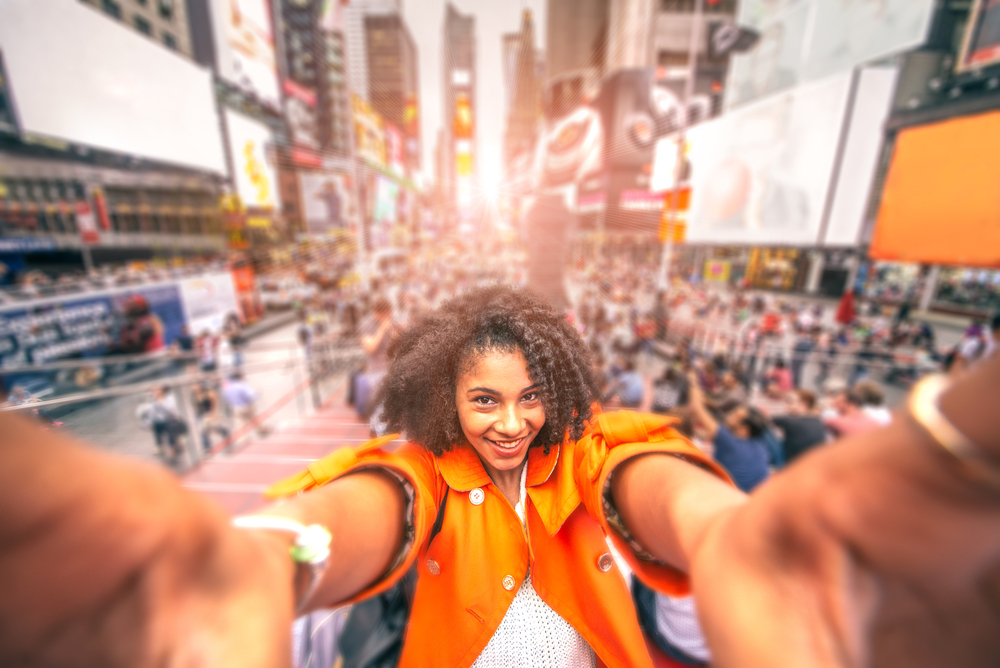 Woman Selfie with Outdoor Advertising Signs